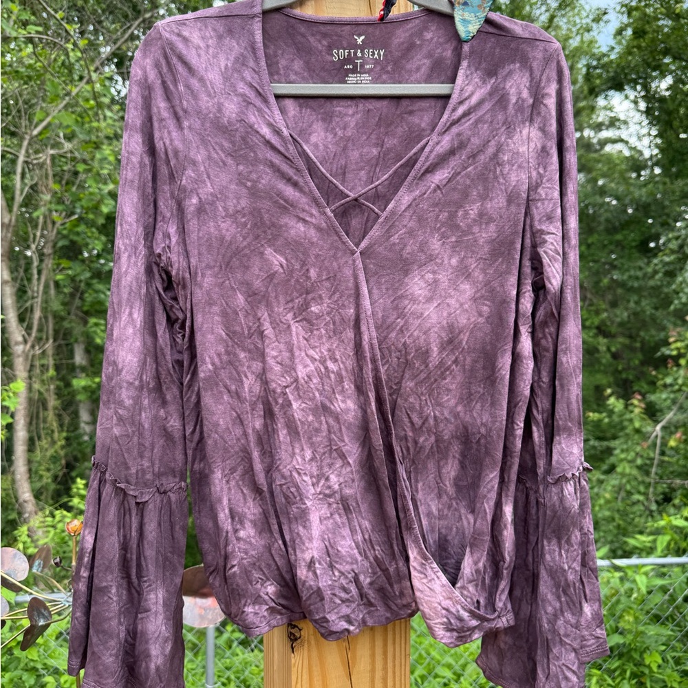 American Eagle Bell Sleeved Purple Women's Top - Size Large